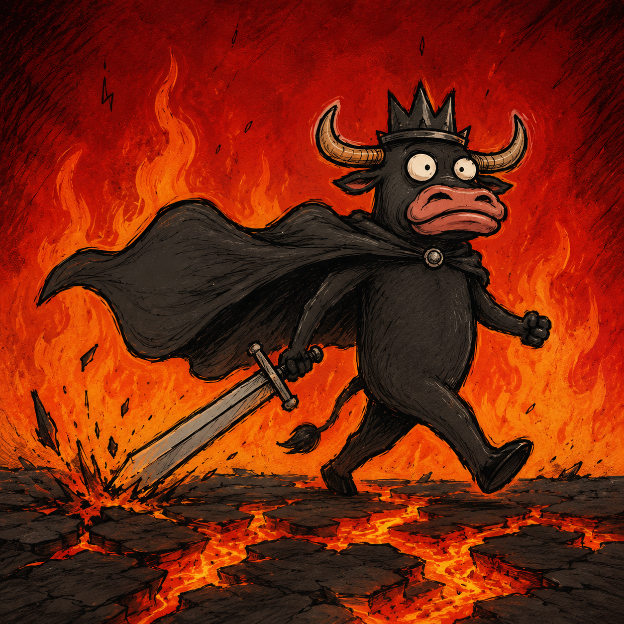 A crowned black bull walking through a burning volcanic kingdom, dragging a broadsword